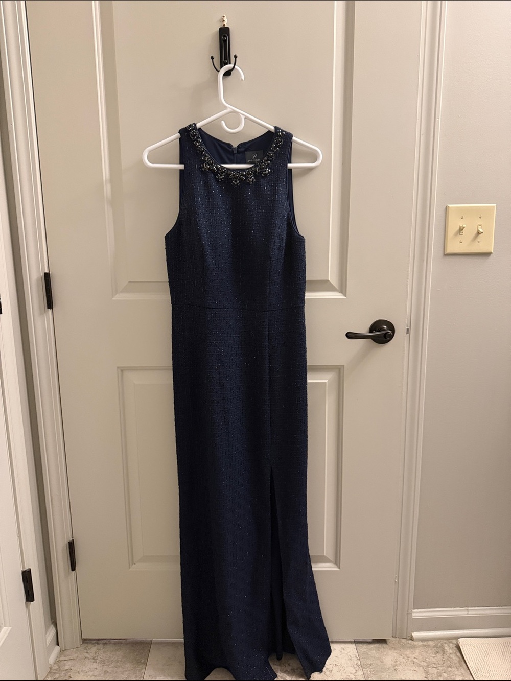 Adrianna Papell Navy Beaded Neck Maxi Dress